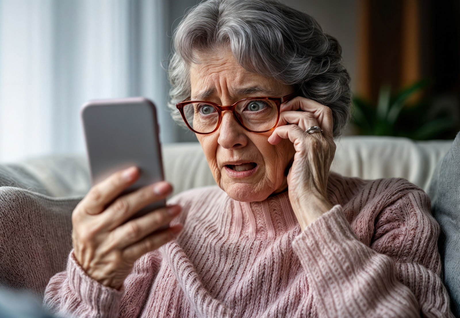 alte Dame guckt erschrocken auf ihr Handy